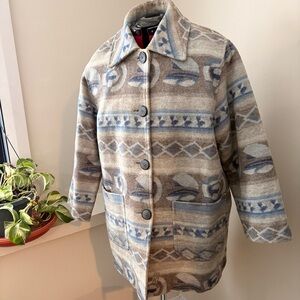 Ralph Lauren Style Wool-Blend Blanket Coat in Beige and Light Blue Navajo Print